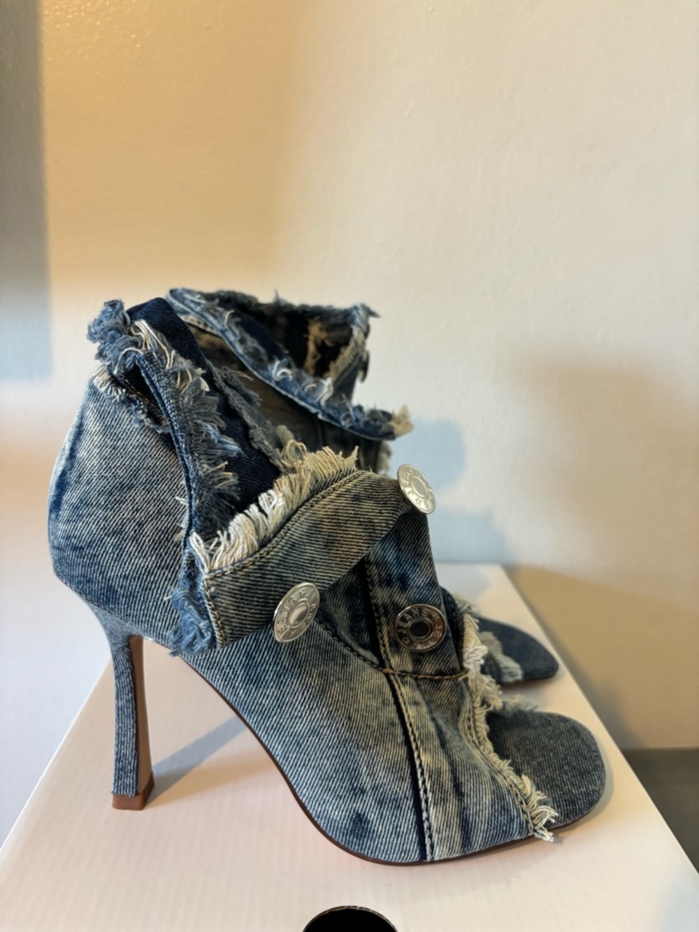 Azalea Wang Denim Distressed High Heel Booties - Blue - Picture 4 of 7